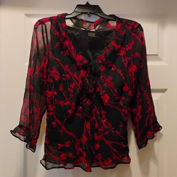 Ice Tops - Vintage Ice 100% Silk Sheer Red Floral Blouse with Sequins Black Lining Size XL
